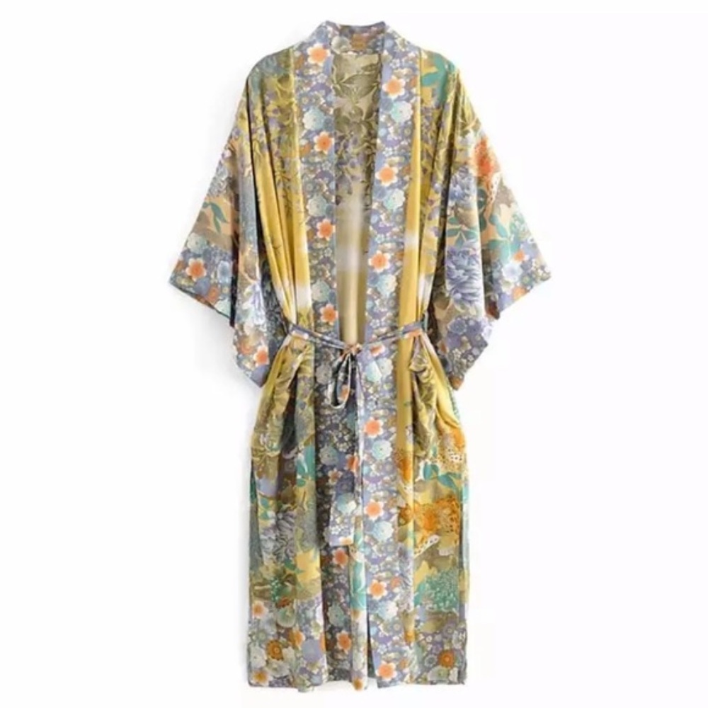 027 Bohemian yellow floral print belted kimono Cover up - Picture 7 of 8